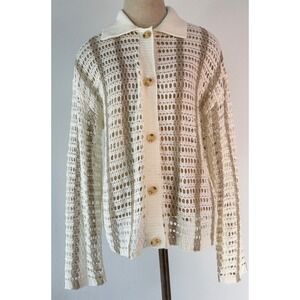 Grey Bandit Ivory Beige Tan Striped Crochet Collared Cardigan Small Boho Cottage